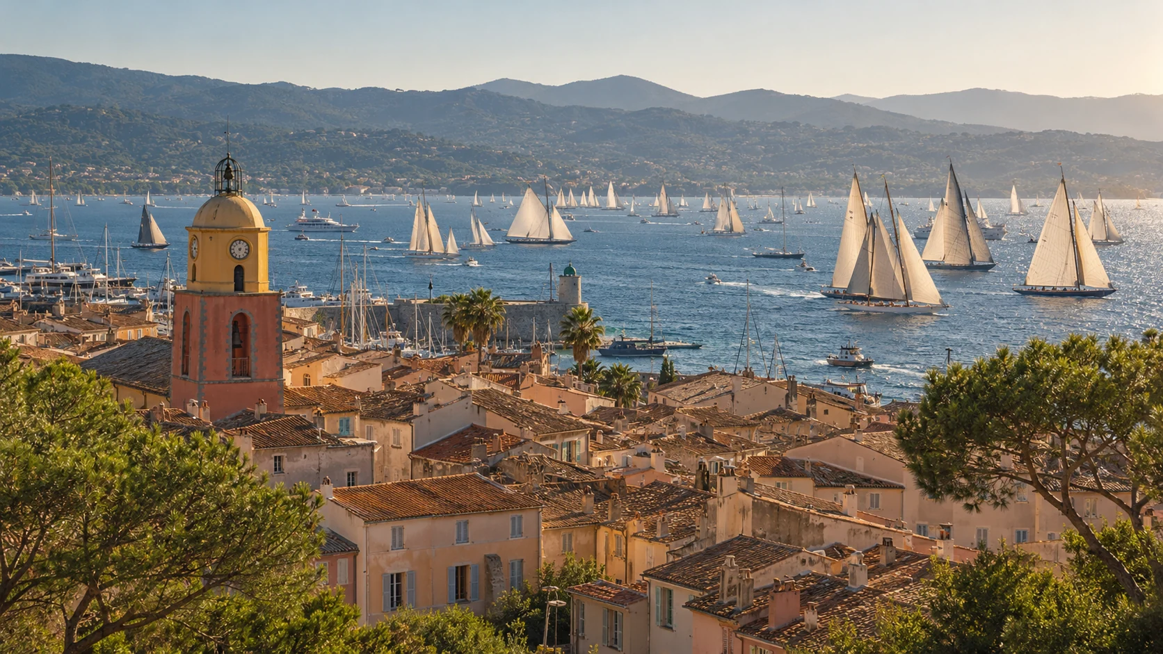 Depuis les hauteurs de Saint-Tropez, le clocher et les toits ocre devant le golfe parsemé de voiliers — visuel d’ambiance provisoire